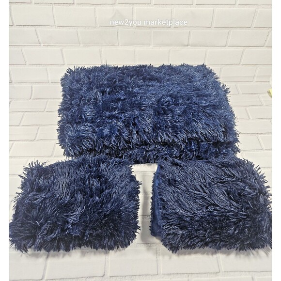 Fluffy Duvet Cover full Size Plush Shaggy Faux Fur Comforter Navy Blue & 2pillow - Picture 1 of 3